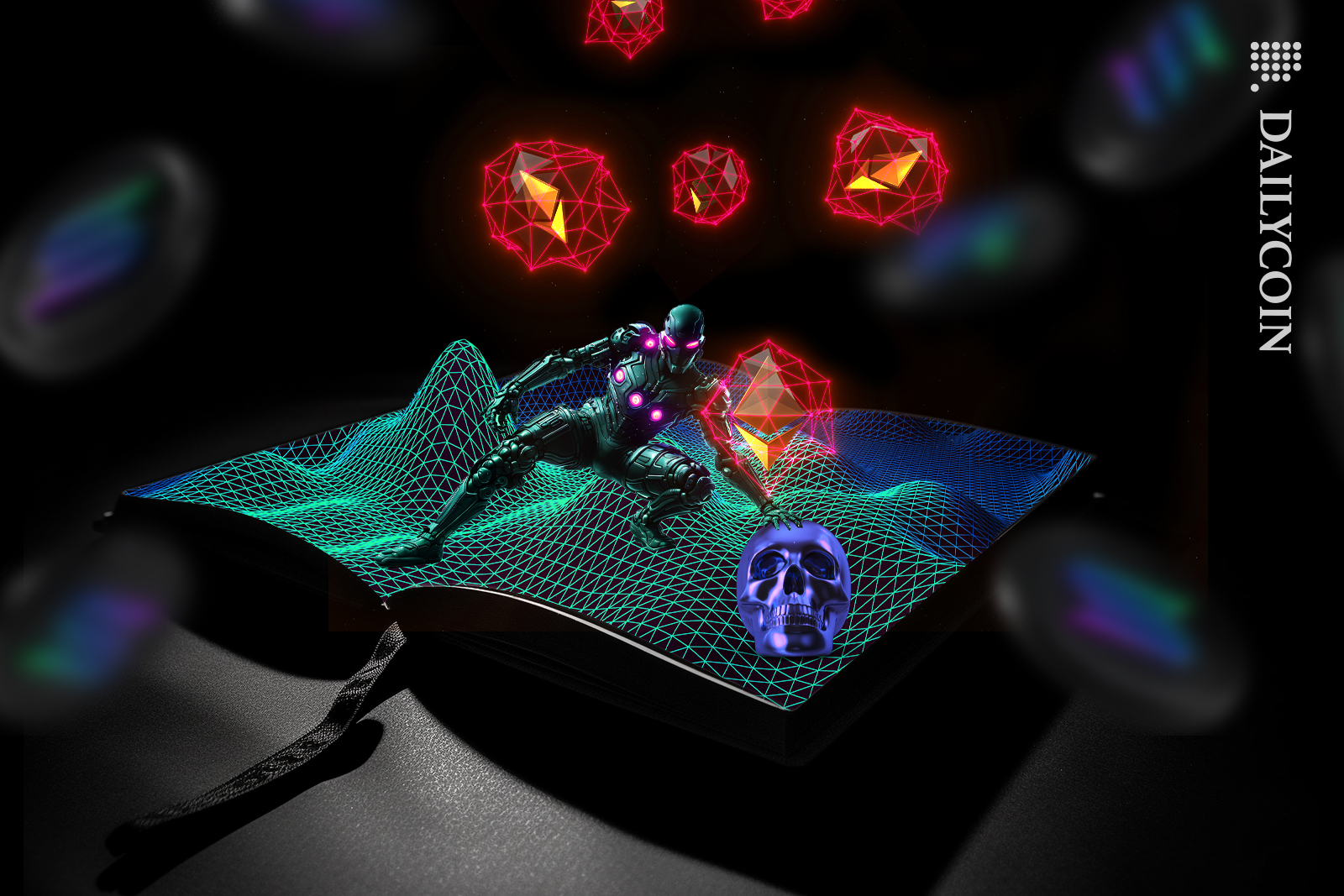 An open book showing the digital story of a solana killer, He is touching a skull whilst defi soul bubbles leaves the scull, killing ETH. Solana coins are going up.