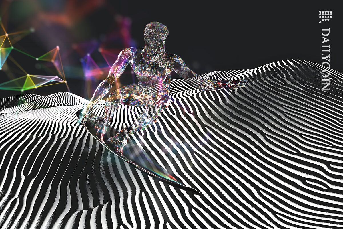 Digital man on a surfboard on a stripe desert surfing with Defi connection.