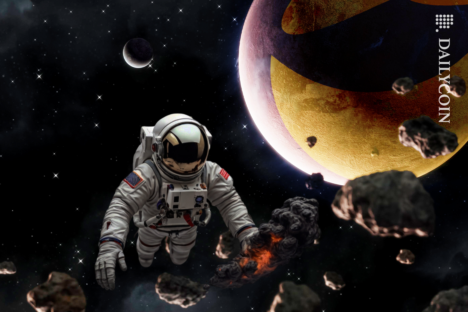 Spaceman protecting the Terra luna planet from hot rocks.