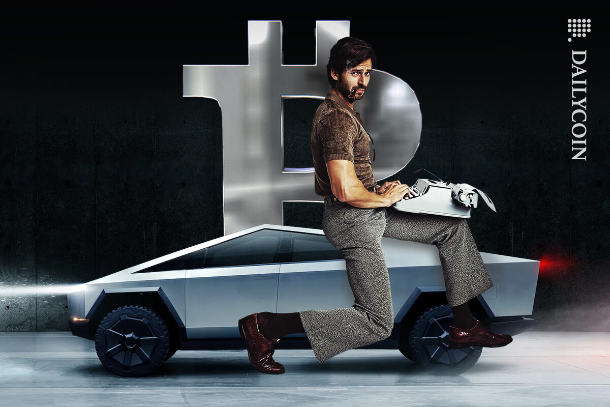 Guy writing a report on Tesla and bitcoin.