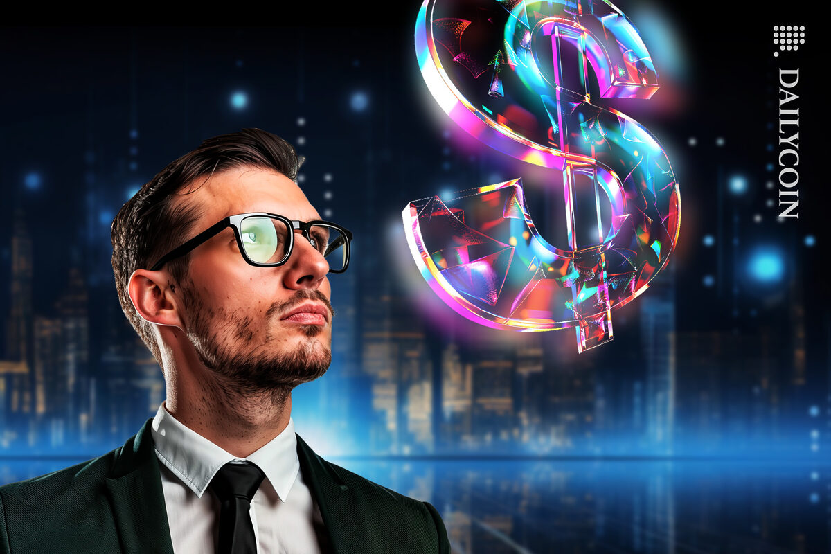 Guy looking at a digital dollar on blockchain land.