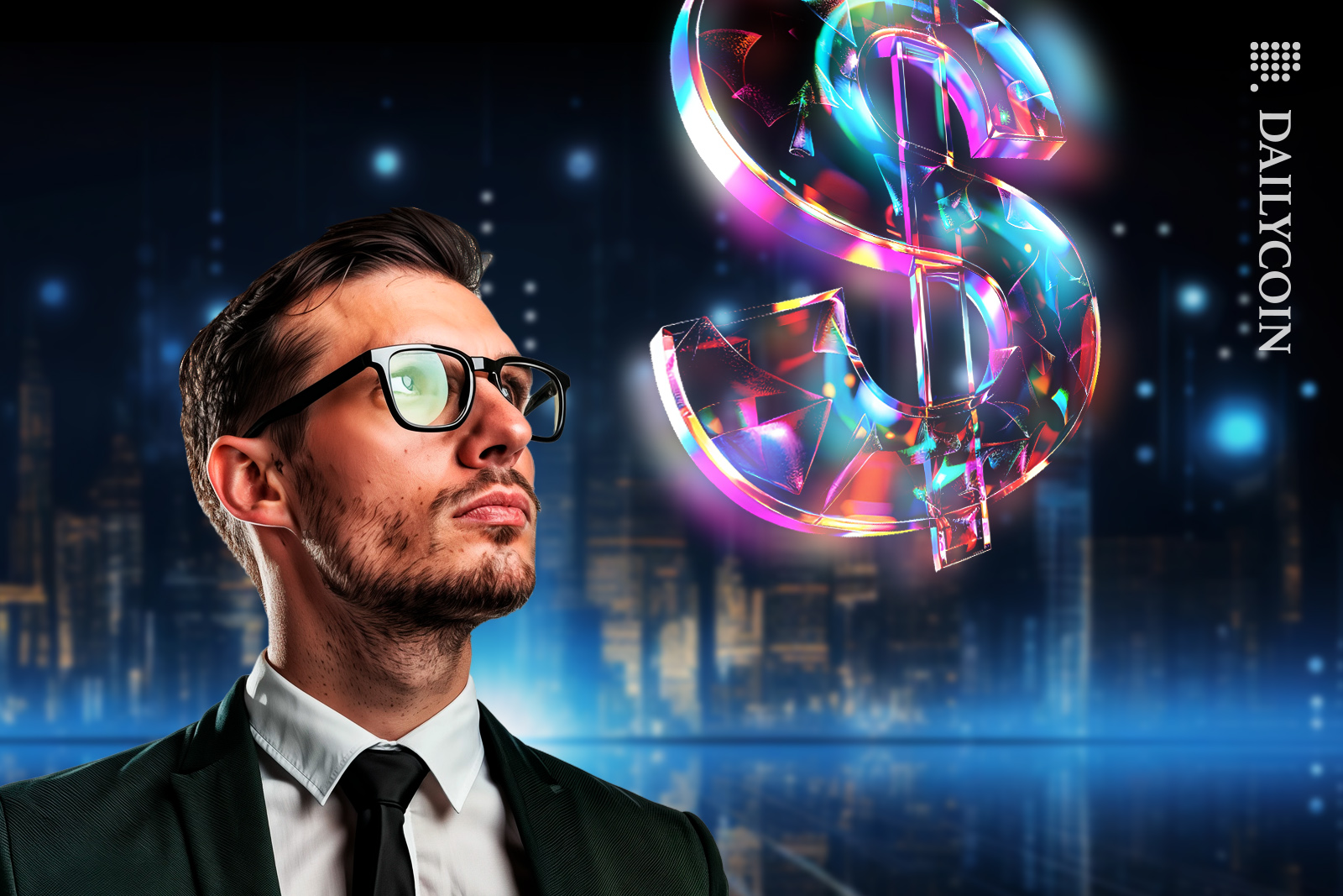 Guy looking at a digital dollar on blockchain land.