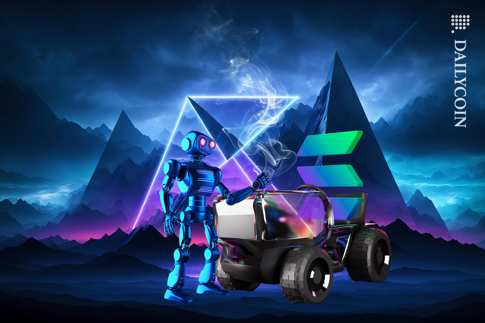Robot hitting a broken down solana vehicle.