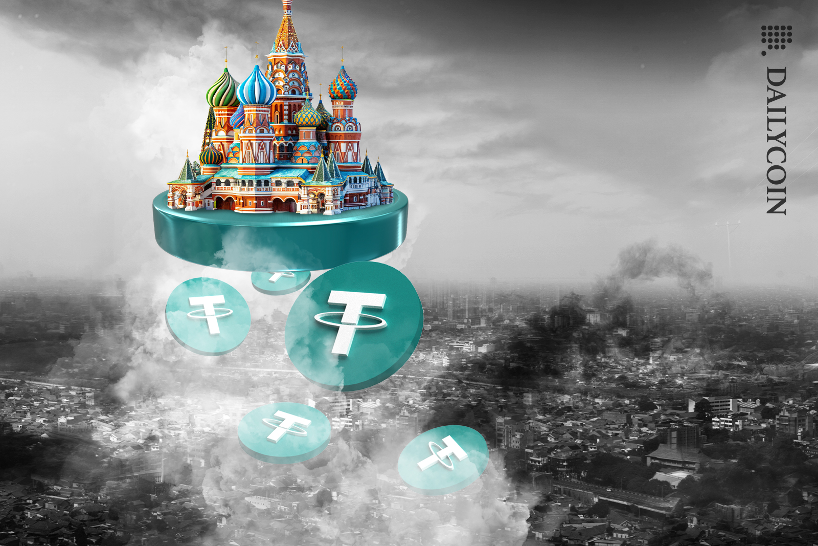 Colourful Kremlin spaceship on Tether flying above a war zone in Ukraine.