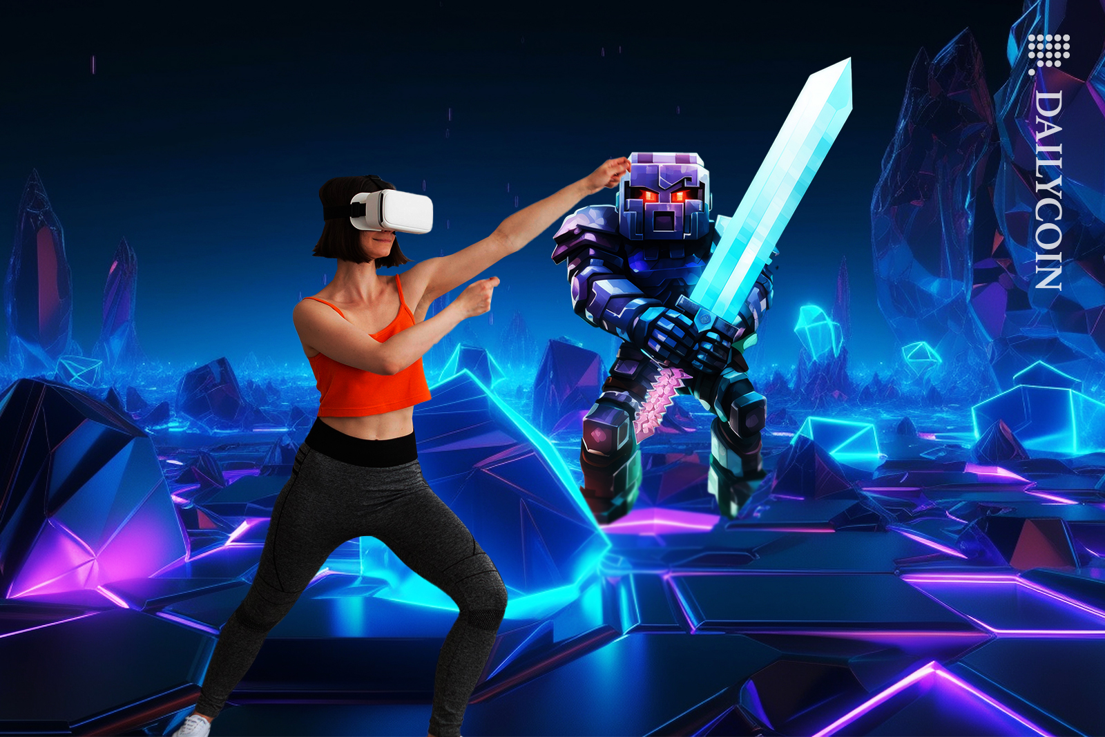 Girl playing a web3 game in a VR world.