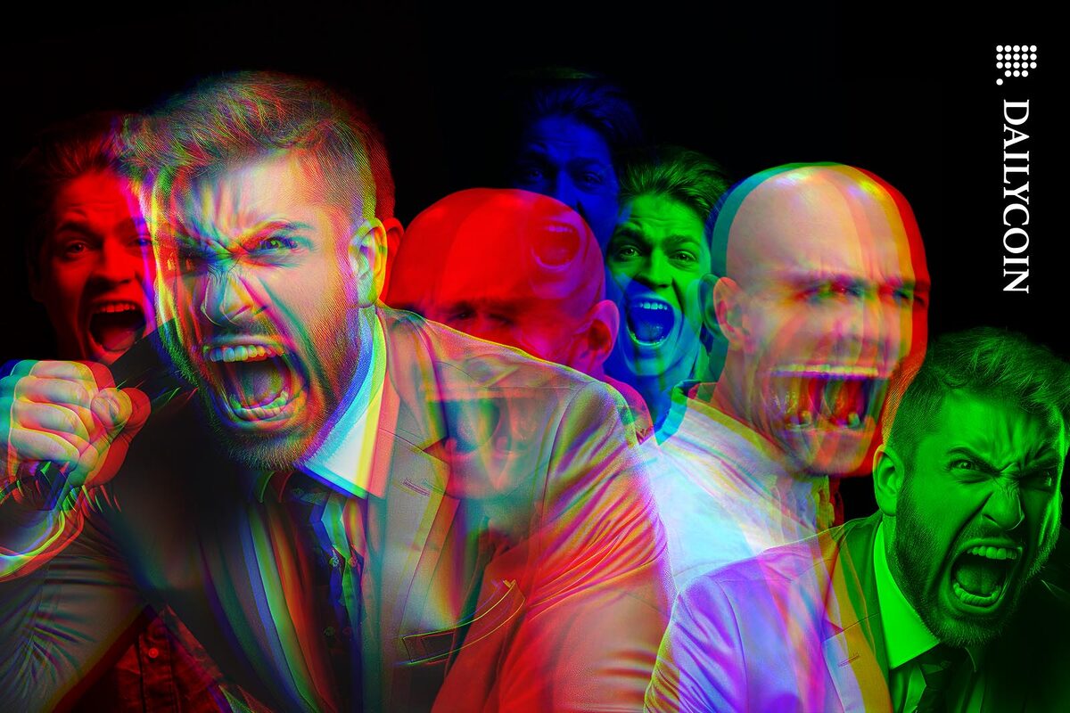 Many angry man shouting in an RGB split composition.