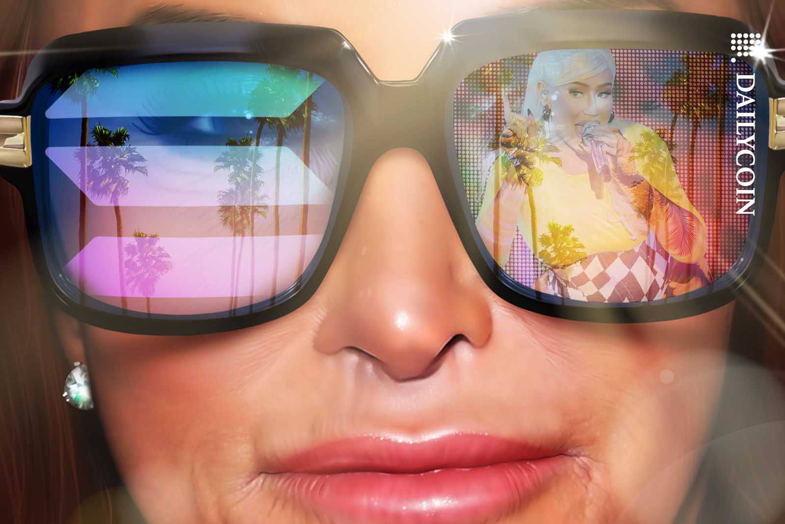 A reflection of Iggy Azalea and a Solana logo on Caitlyn Jenner's sunglasses.