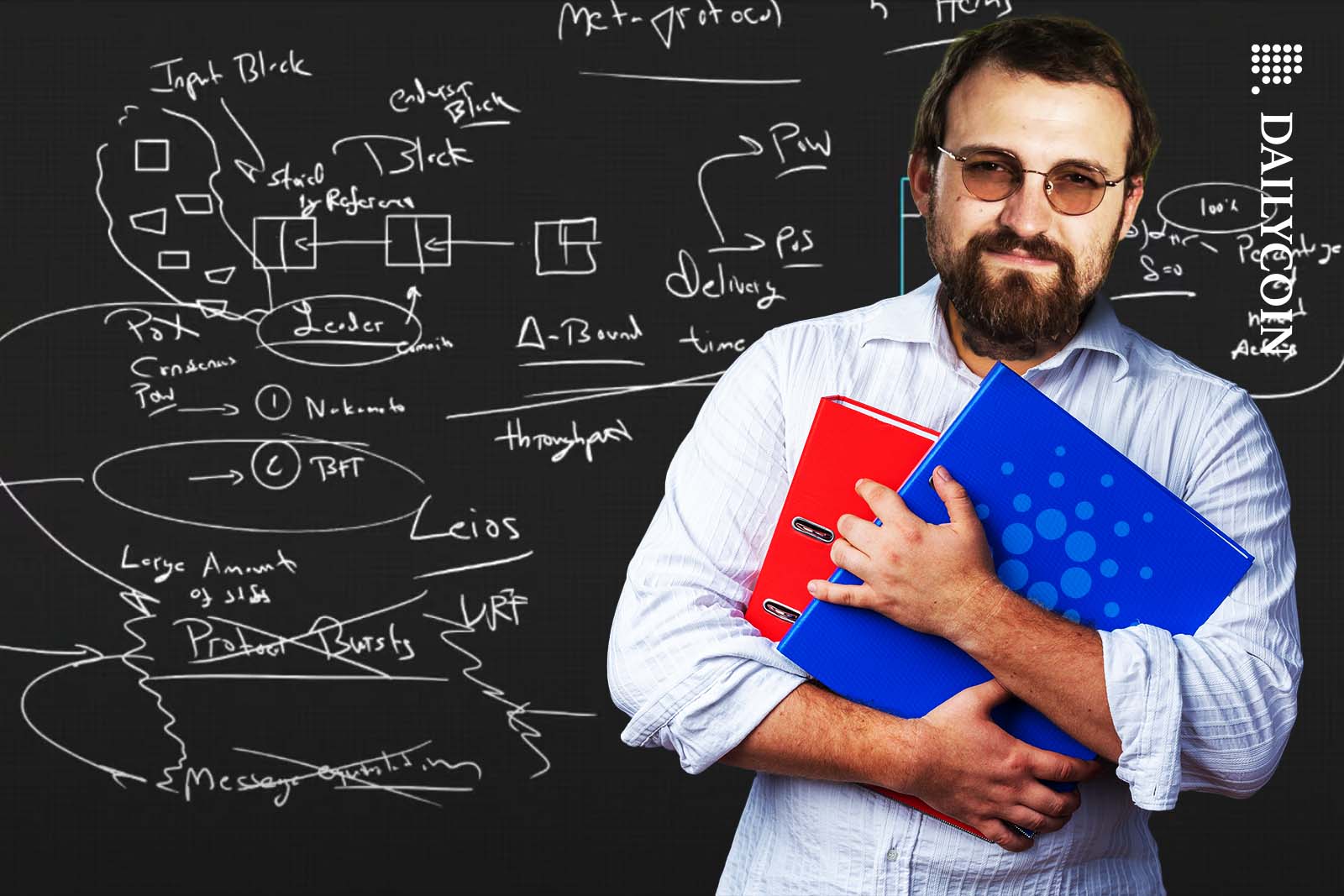 Charles Hoskinson holding some Cardano branded docs infront of a whiteboard with complex research findings.