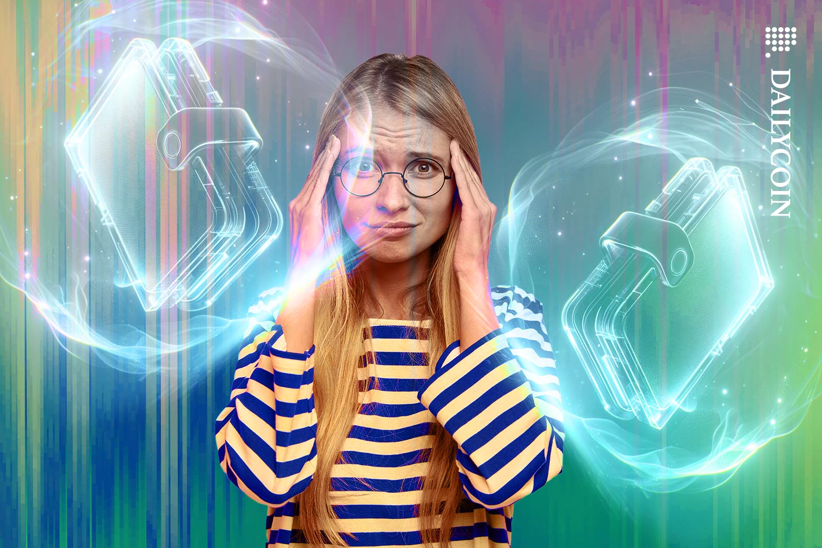 Confused girl between two digital wallets.