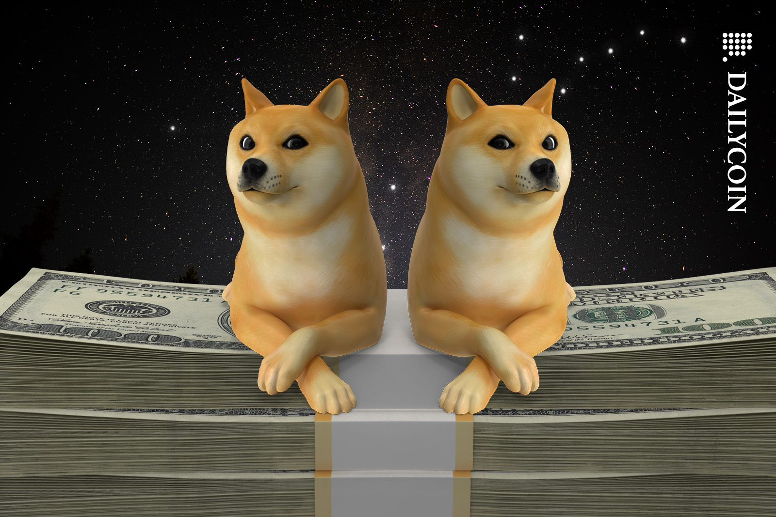 Two dogecoin dogs sitting on a pile of money.