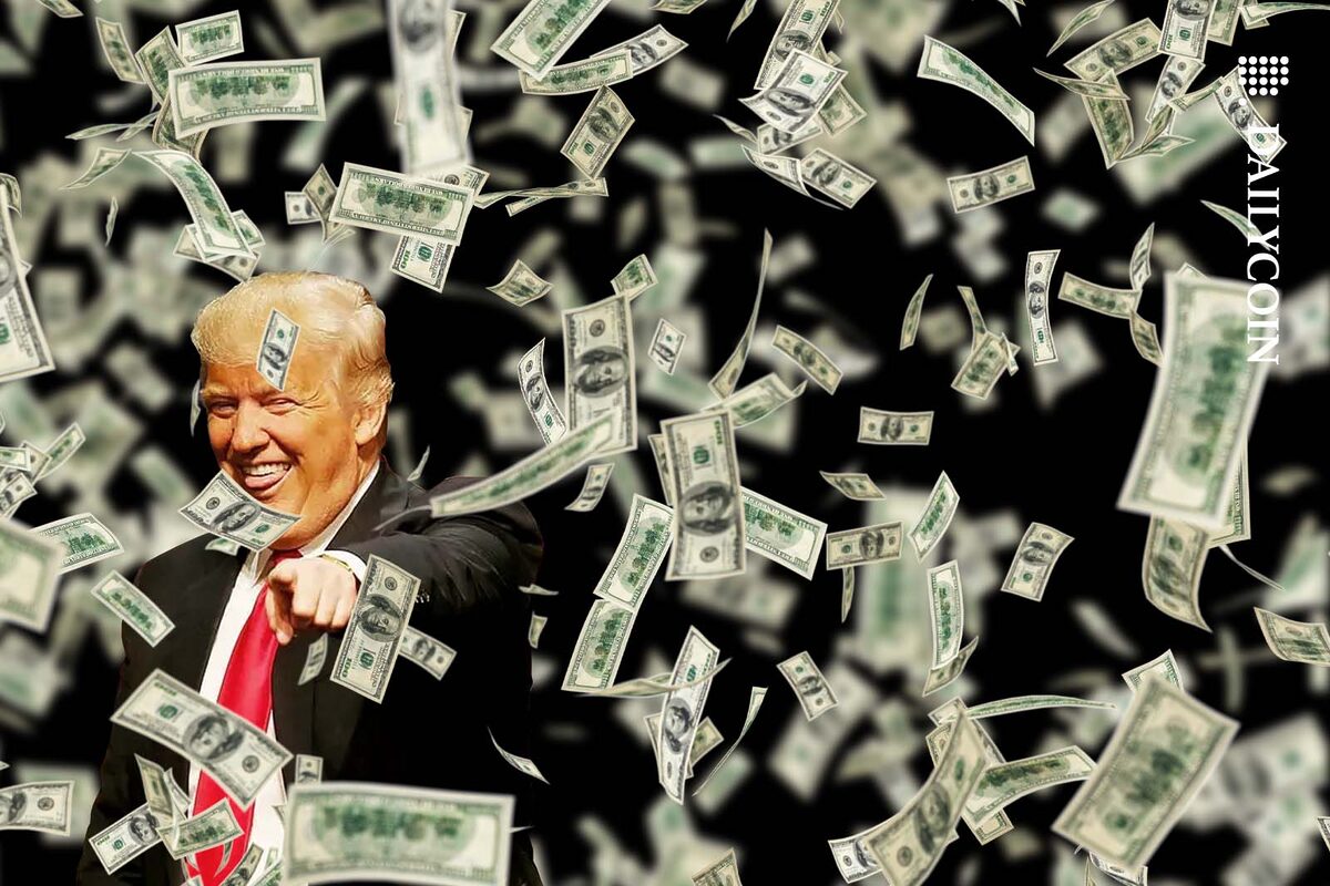Donald Trump looking very happy pointing at the camera surrounded by a lot of money.
