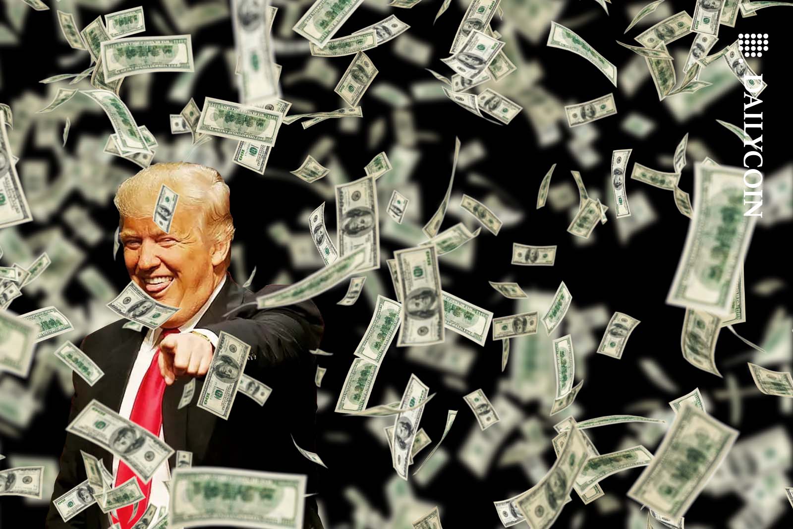 Donald Trump looking very happy pointing at the camera surrounded by a lot of money.