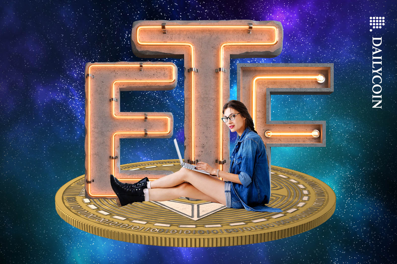 Woman working on a laptop infront of a big Ethereum ETF sign.