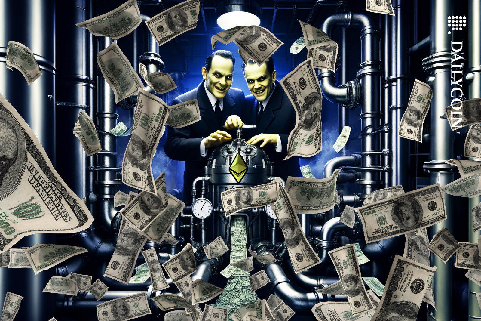 Two evil brothers extracting money from an Ethereum machine.