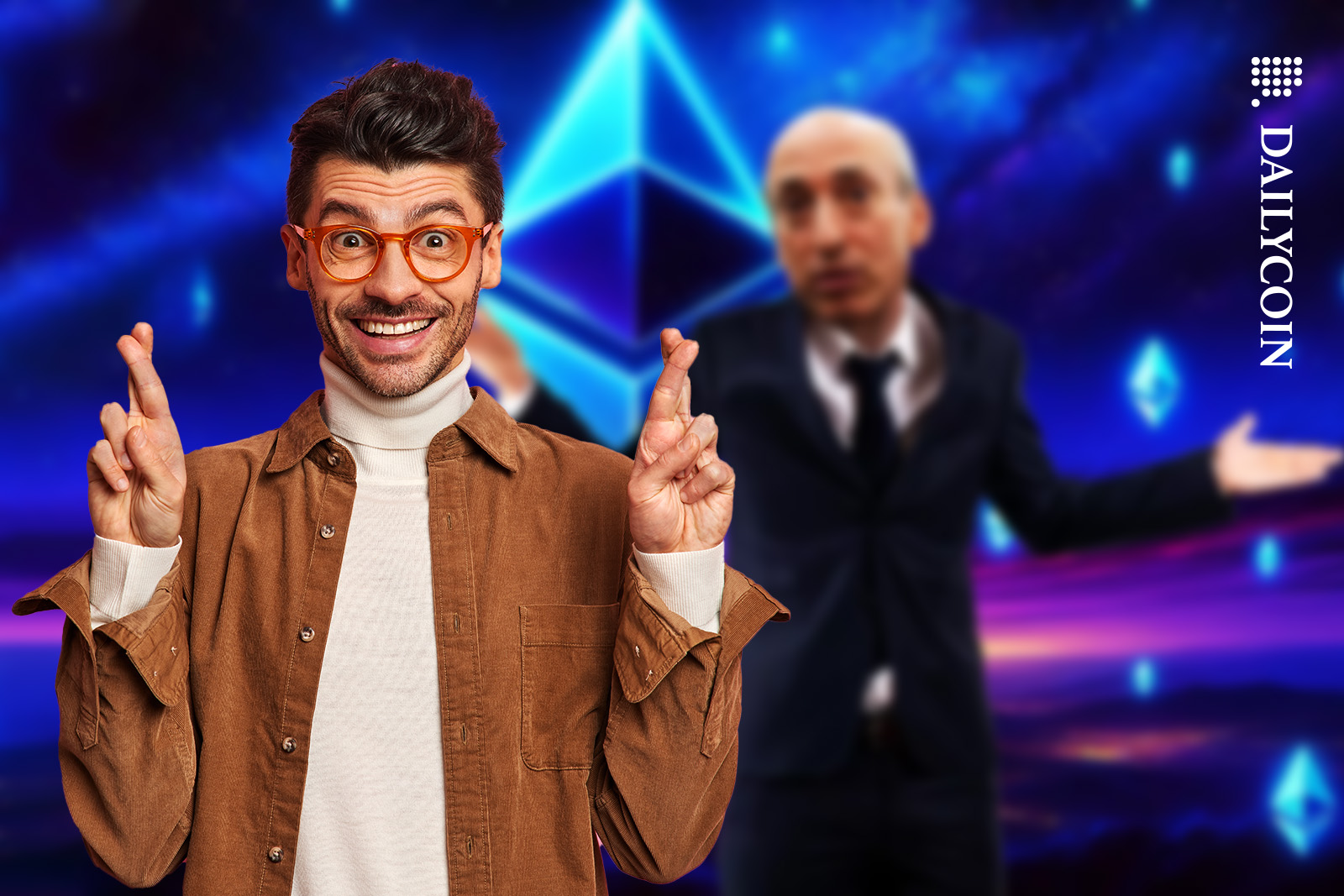 Man showing fingers crossed infront of Gary Gensler and Ethereum logos.