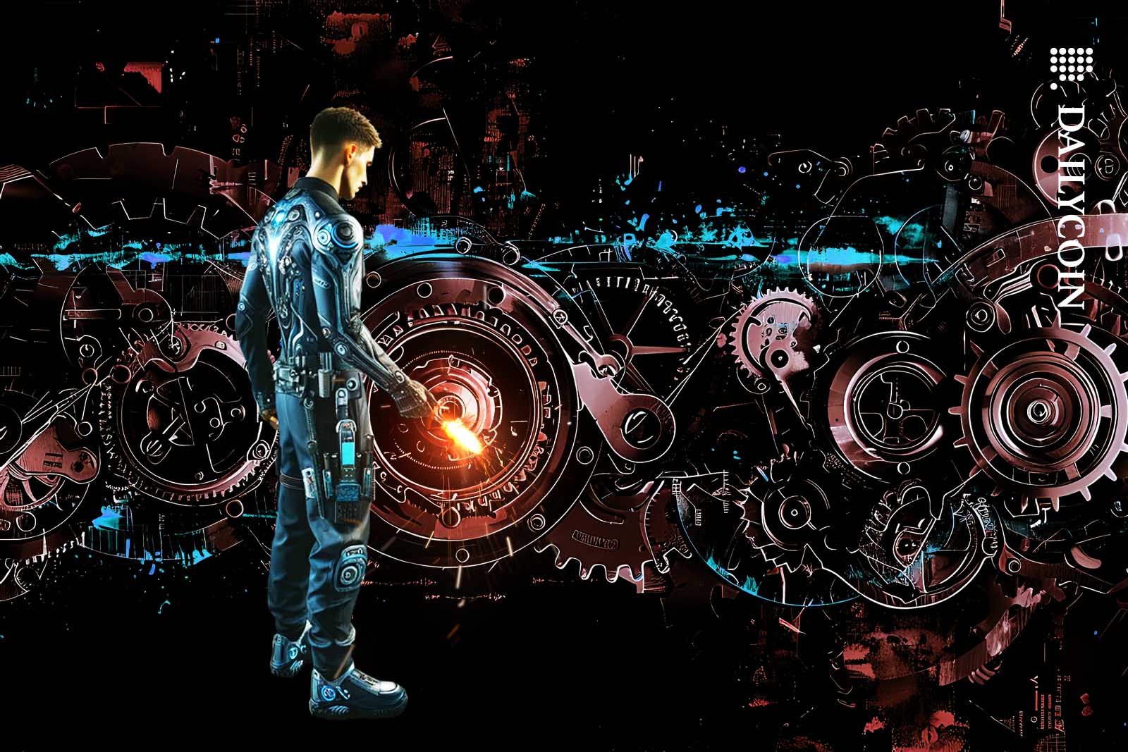 Futuristic mechanic upgrading an abstract machine.