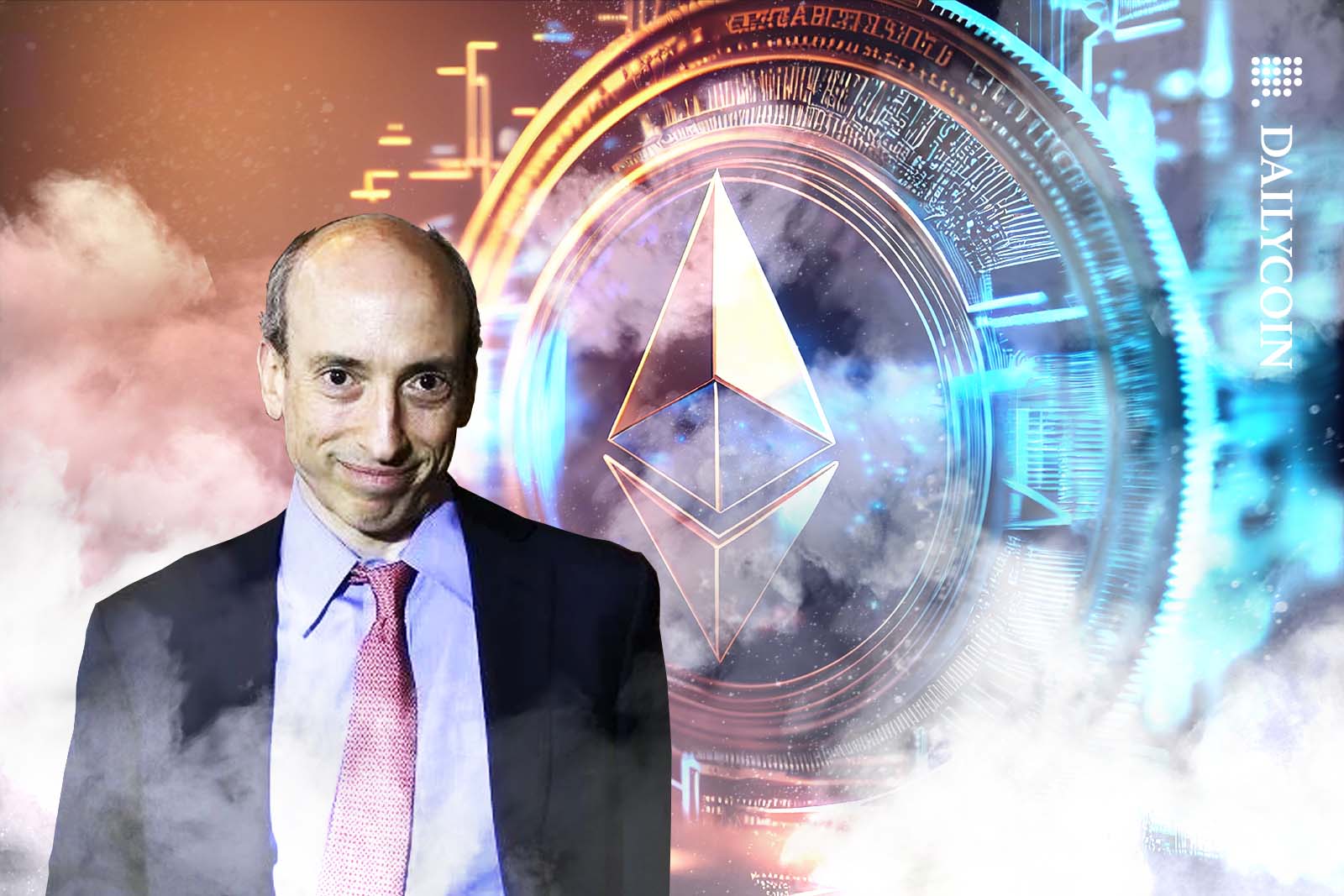 Gary Gensle on fog with an Ethereum logo in the background.