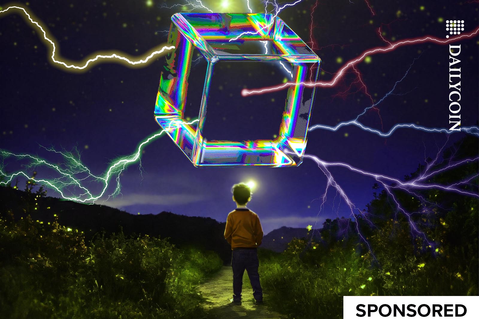 Little kid observing a colourful glass cube in the night sky being charged up with energy.