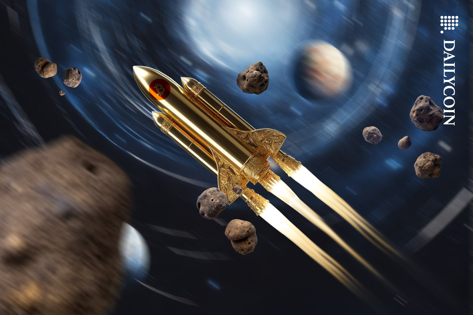A golden Bitcoin rocket hurdling through space.
