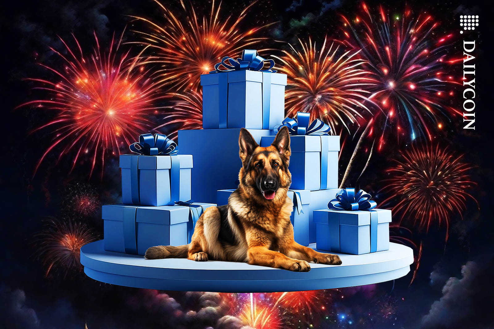 German Sheperd sitting in a big pile of gifts with fireworks going in the background.