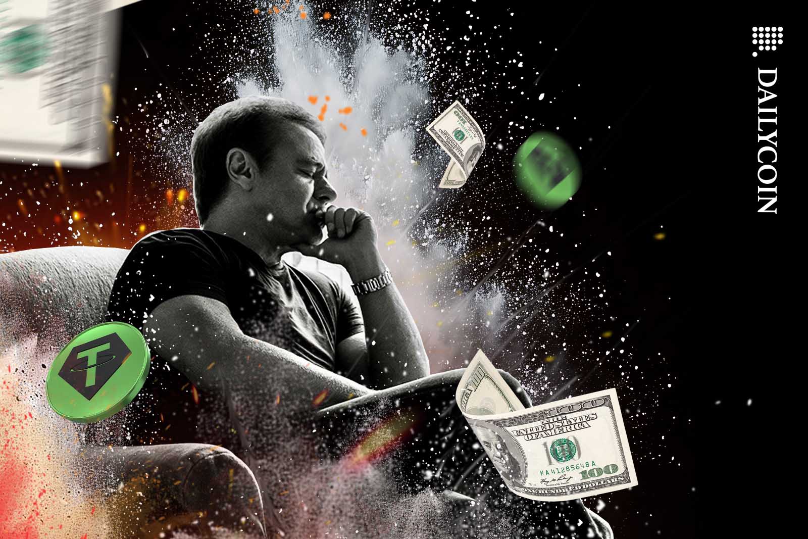 Maximilien de Hoop Cartier sitting in a chair with an explosion of money, cocaine and Tether coins around him.