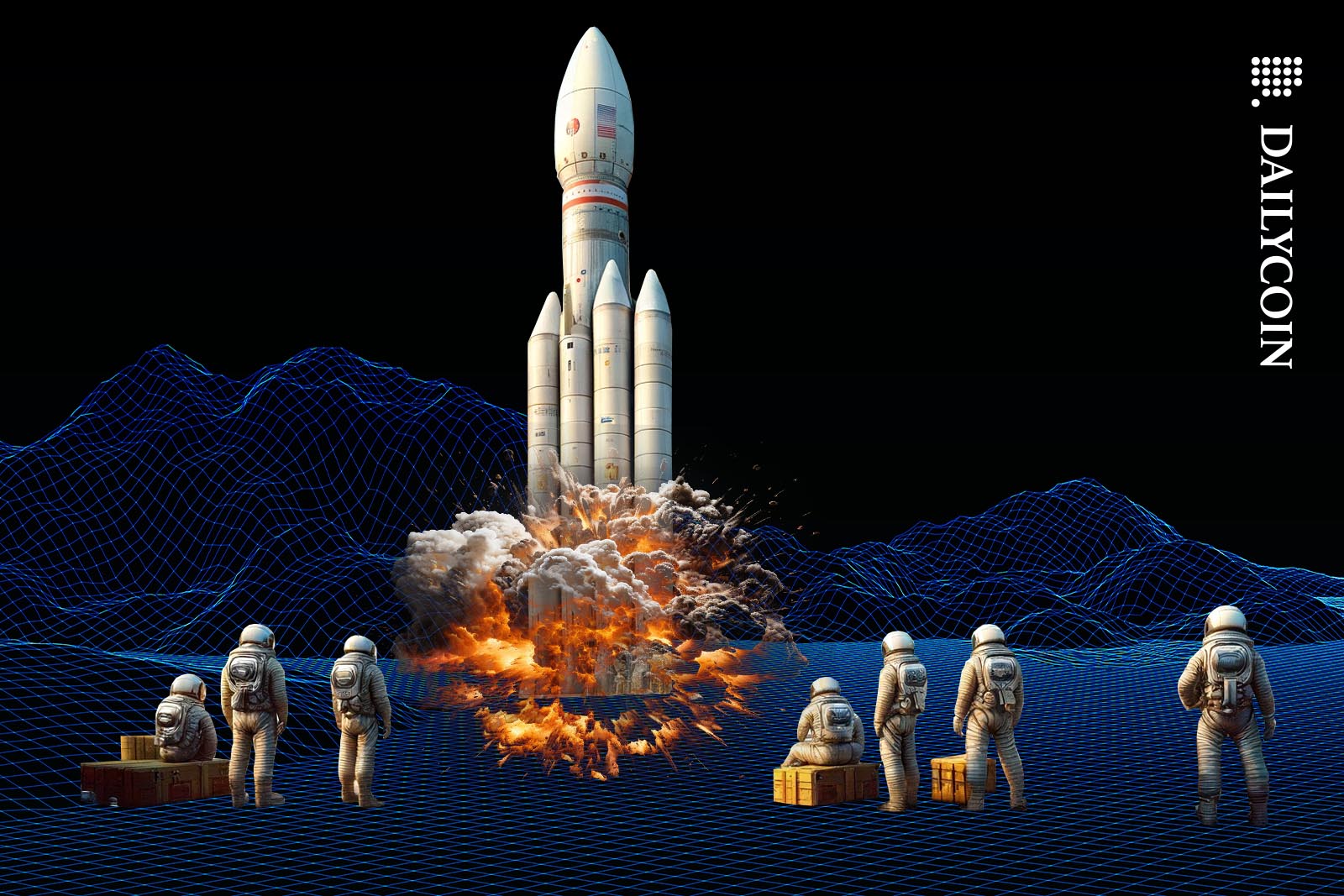 Astronauts watching a rocket taking of in a wireframe landscape.