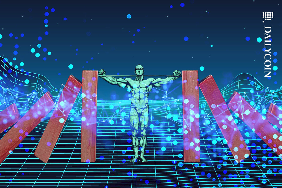 A strong hand drawn male figure providing stability in a line of wooden dominos.