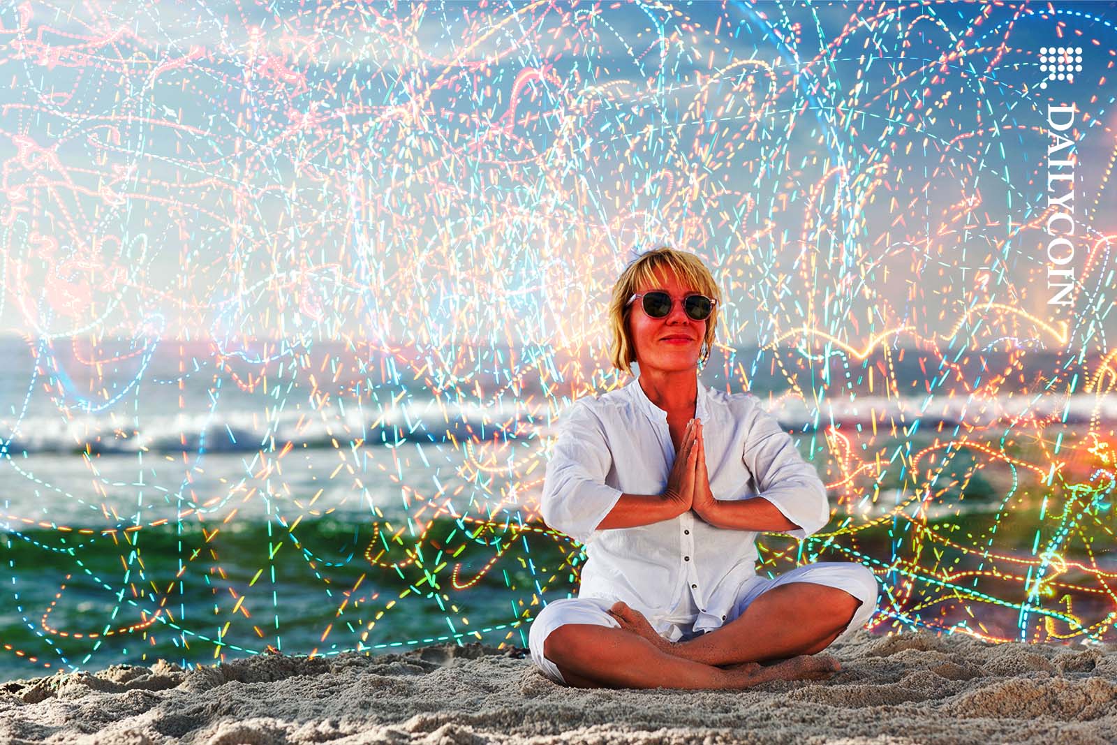 Stacy Herbert chilling on a beach with a digital chaos behind her.