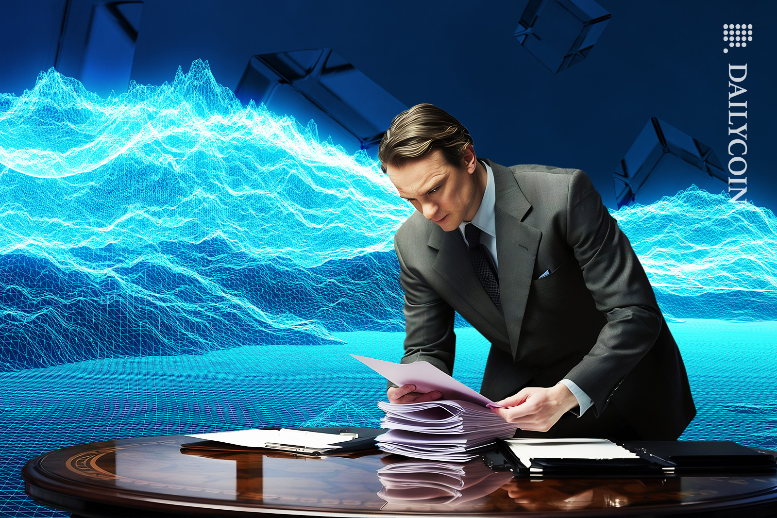 Blockchain's floating around and a man is reading some documents.