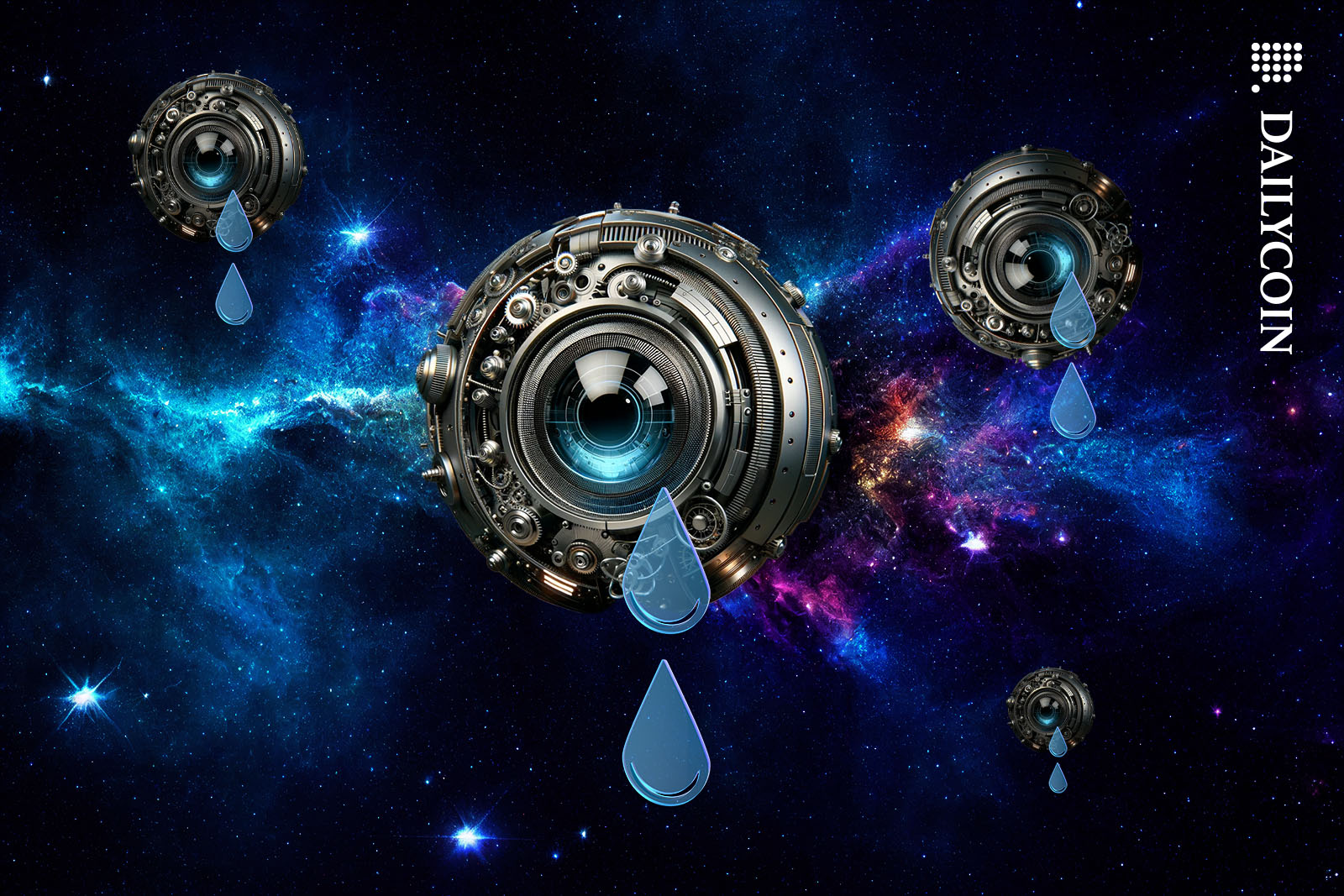 Giant robotic eyeballs floating in space dropping artificial teardrops.