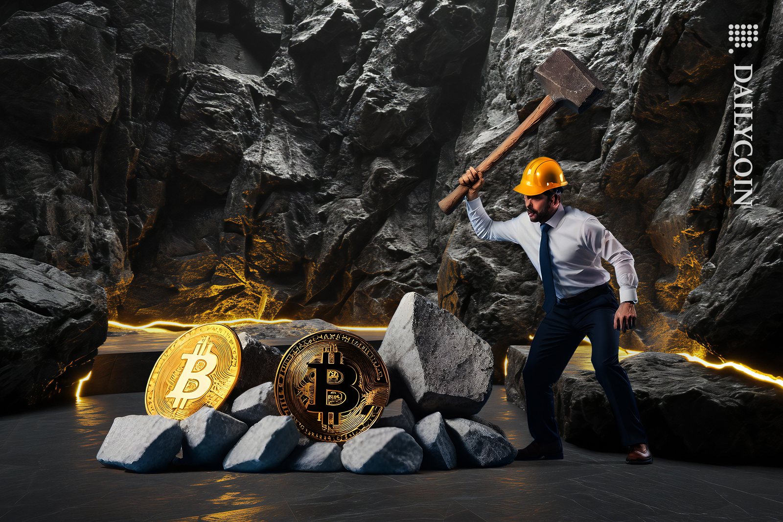 Guy cracking bitcoin rocks in a cave.