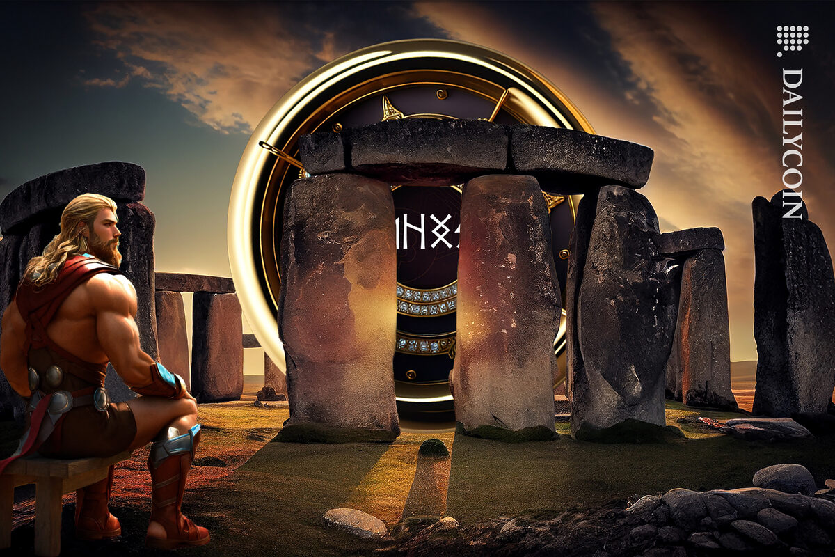 Viking man looking after his ''bitcoin runes'' thats stood in the middle of acient stones.