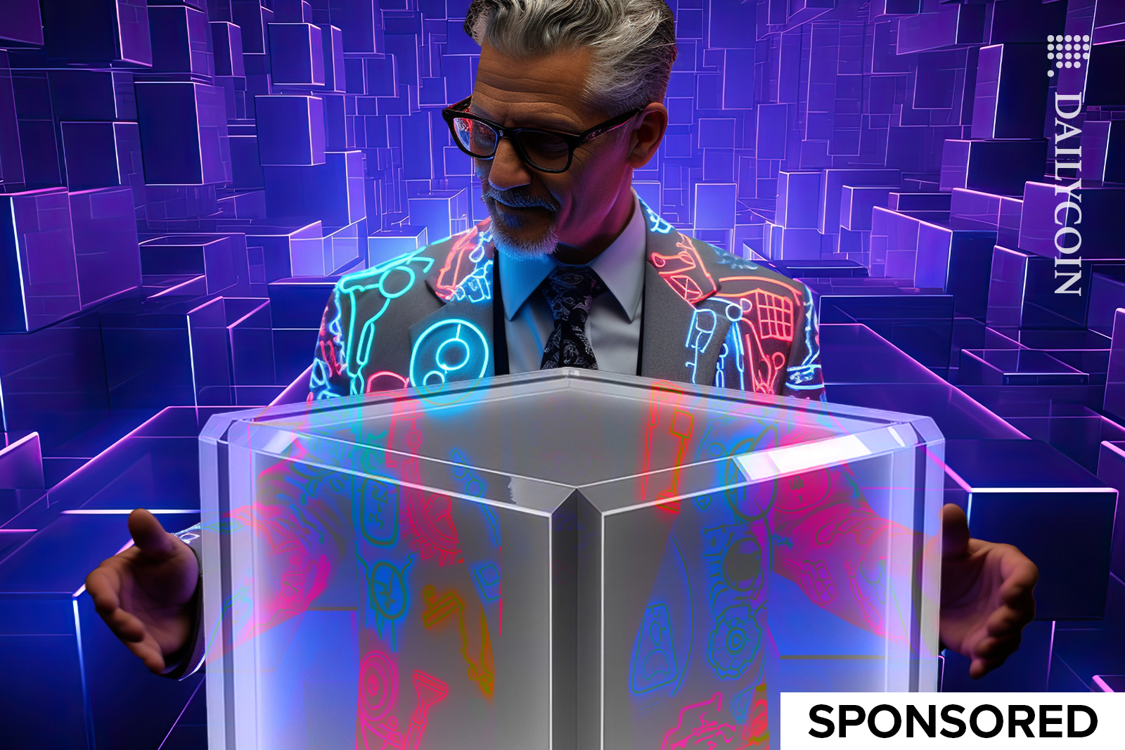 Man wearing a playful blazer holding a digital block.