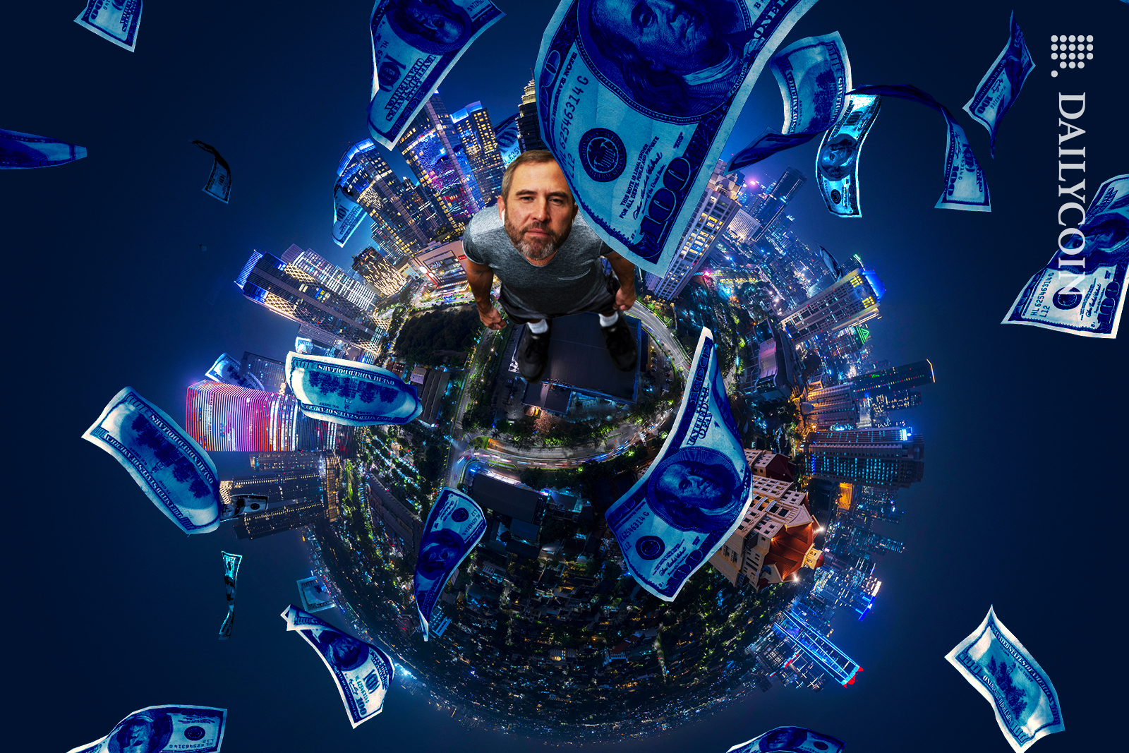 Brad Garlinghouse making it rain on a city skyline.
