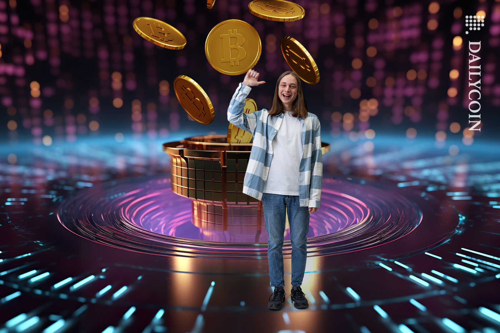 Bitcoins appearing from a digital well.