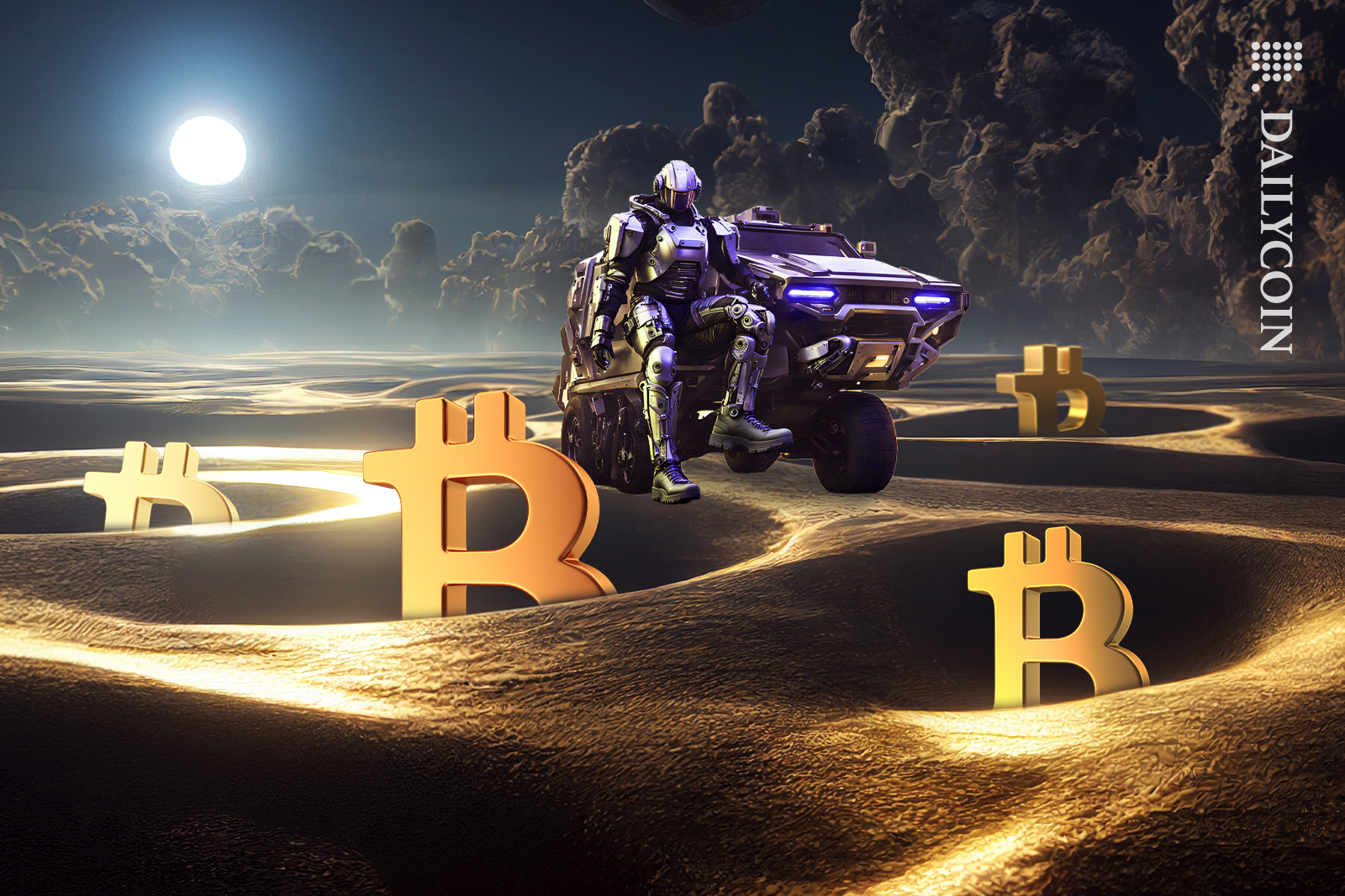 Robot is looking after the bitcoin crops, as they appear to be peeking out of the ground, and the moon shines on them like sunshine.