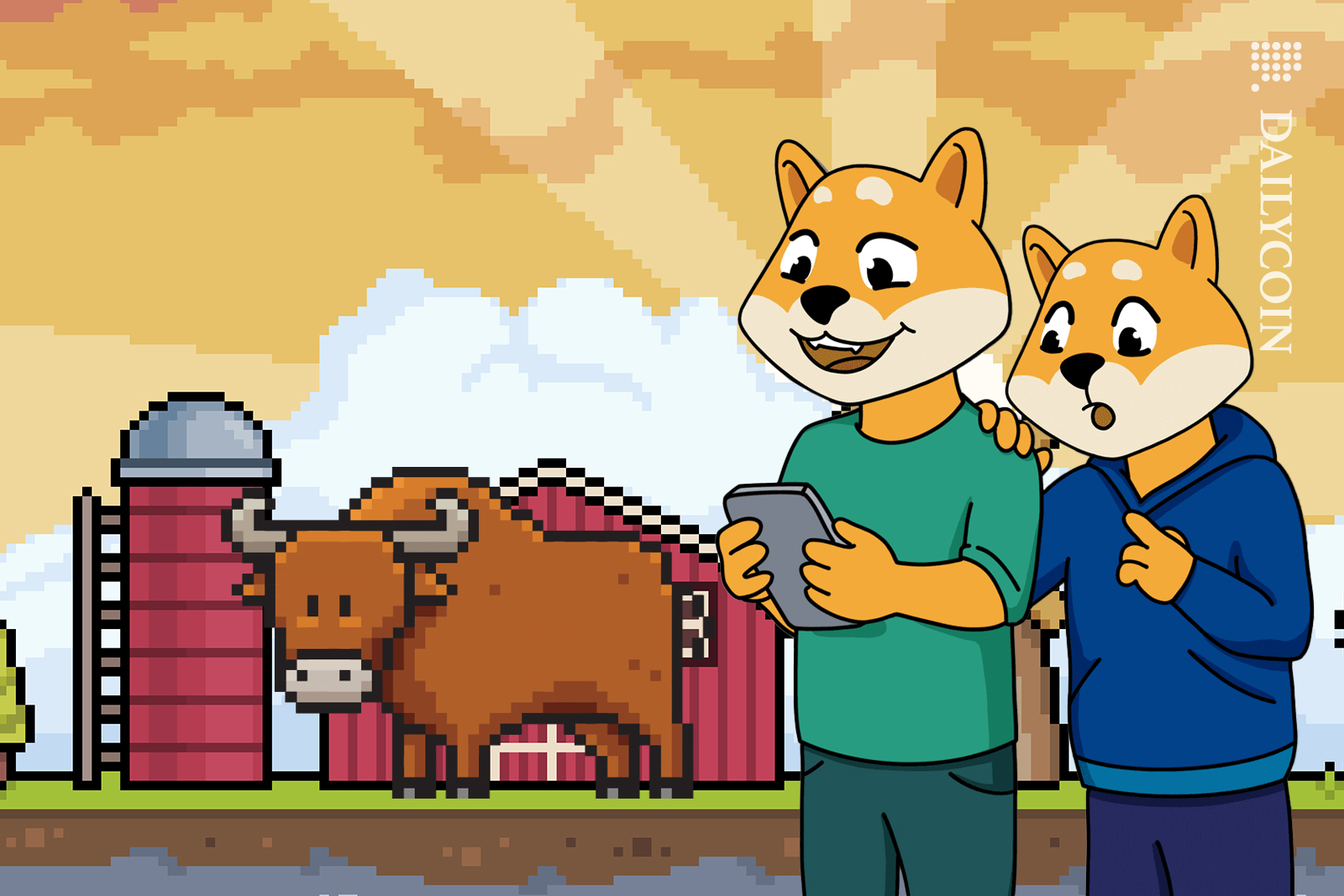 SHiba inus impressed with the new shiba farm that has bulls.