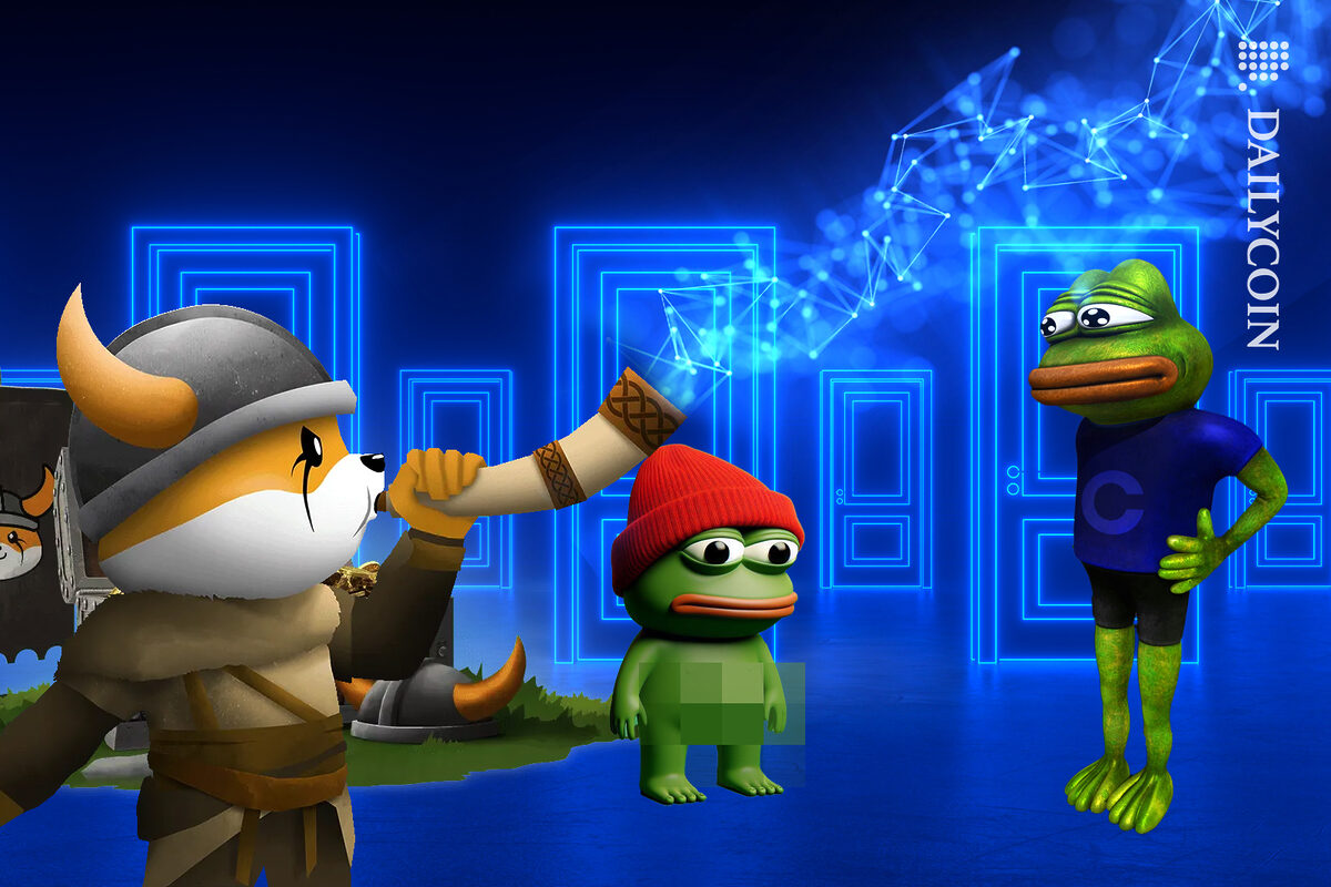 Pepe and his baby getting ready for the open doors of coinbase, and Floki is calling his flock with DEFI.