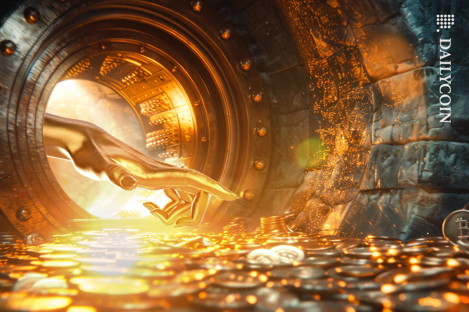 Gold hand trying to grab crypto coins,