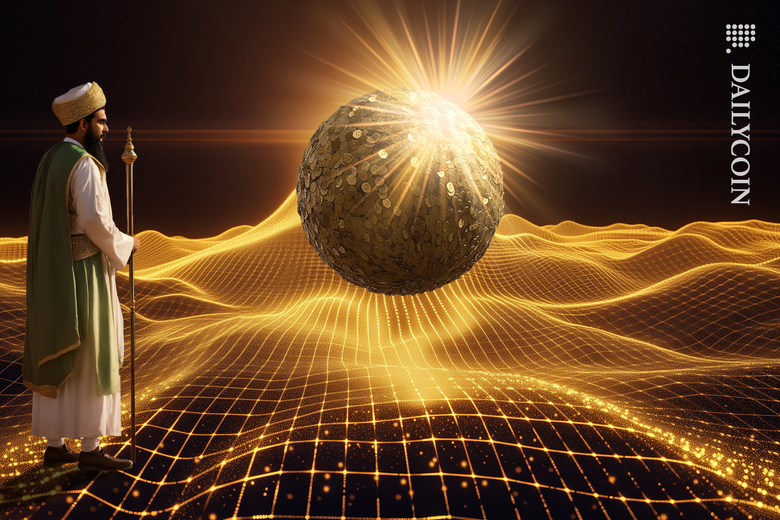 Muslim man arriving to a digital crypto land seeing a floating ball of coins.