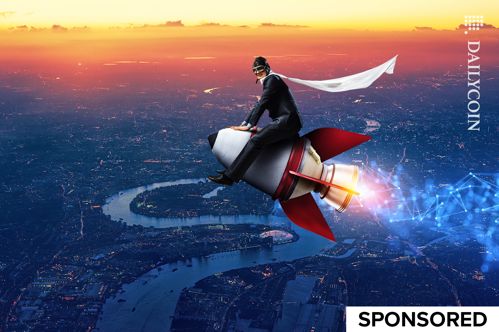 Guy flying on a DEFI rocket trhough London.