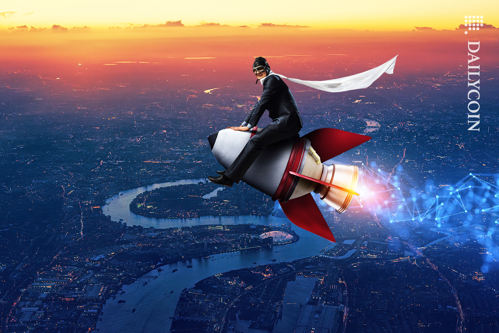 Guy flying on a DEFI rocket trhough London.