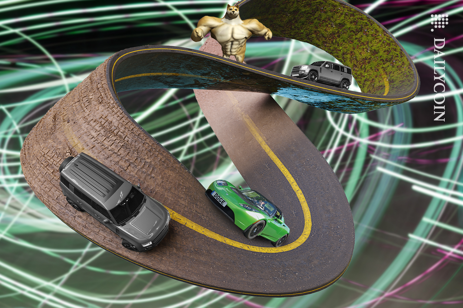 Doge dancing on a infinity road with a driving tesla on in.