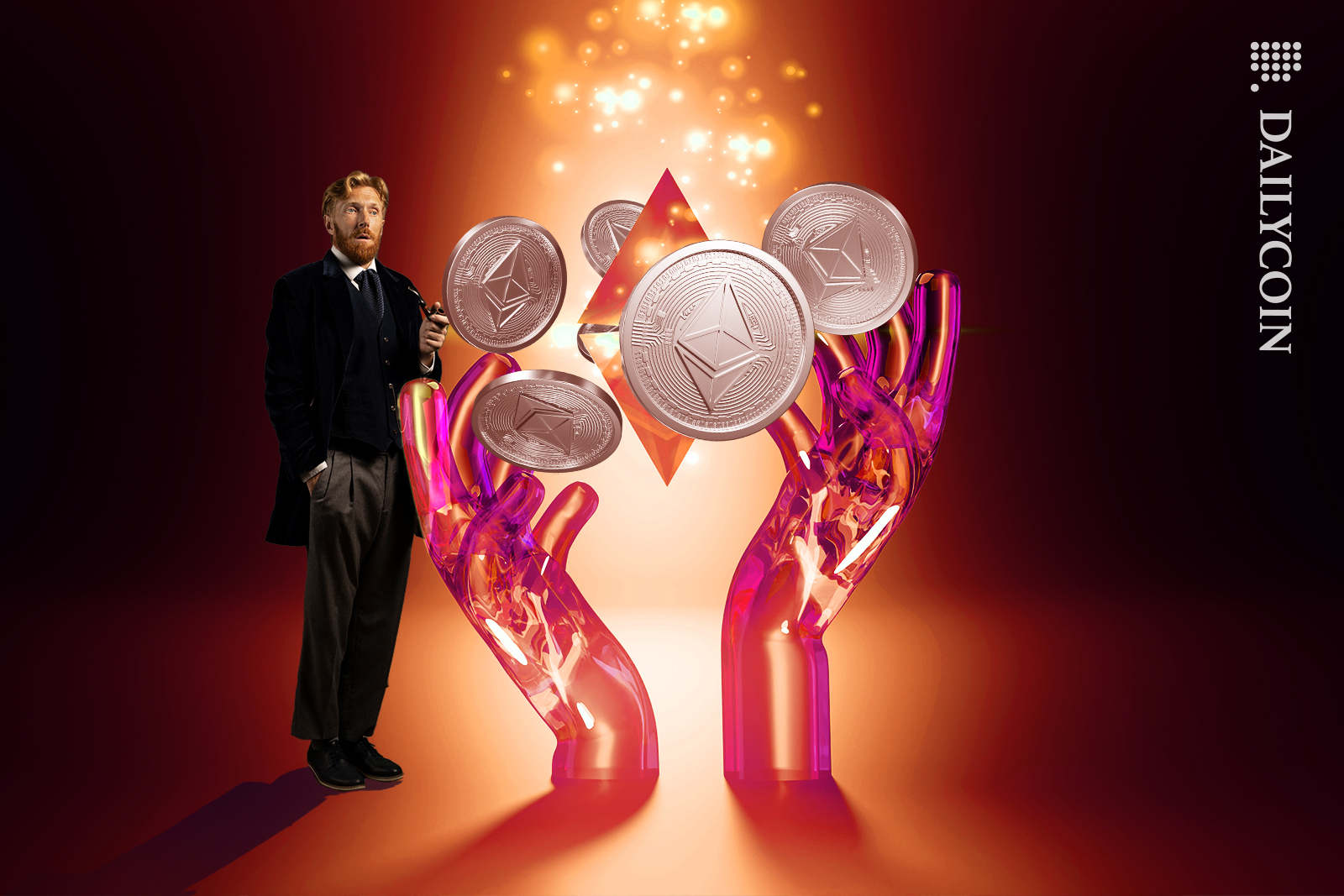Detective sees an Ethereum with an orbit of ETH coins.