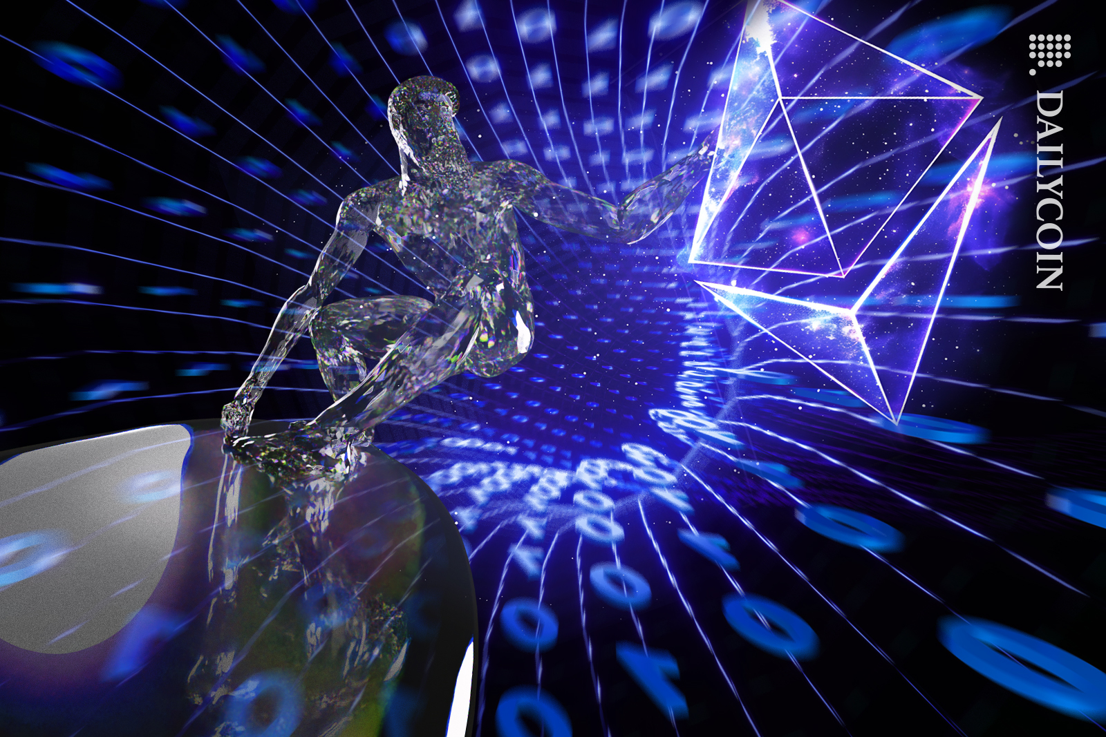 Digital guy on a surfboard traveling through a code portal with ETH.
