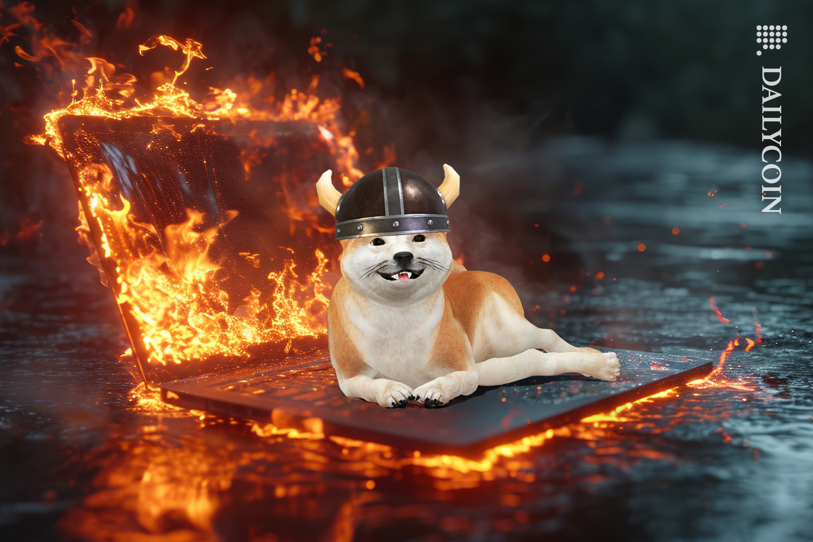 Floki sitting on a computer on fire.