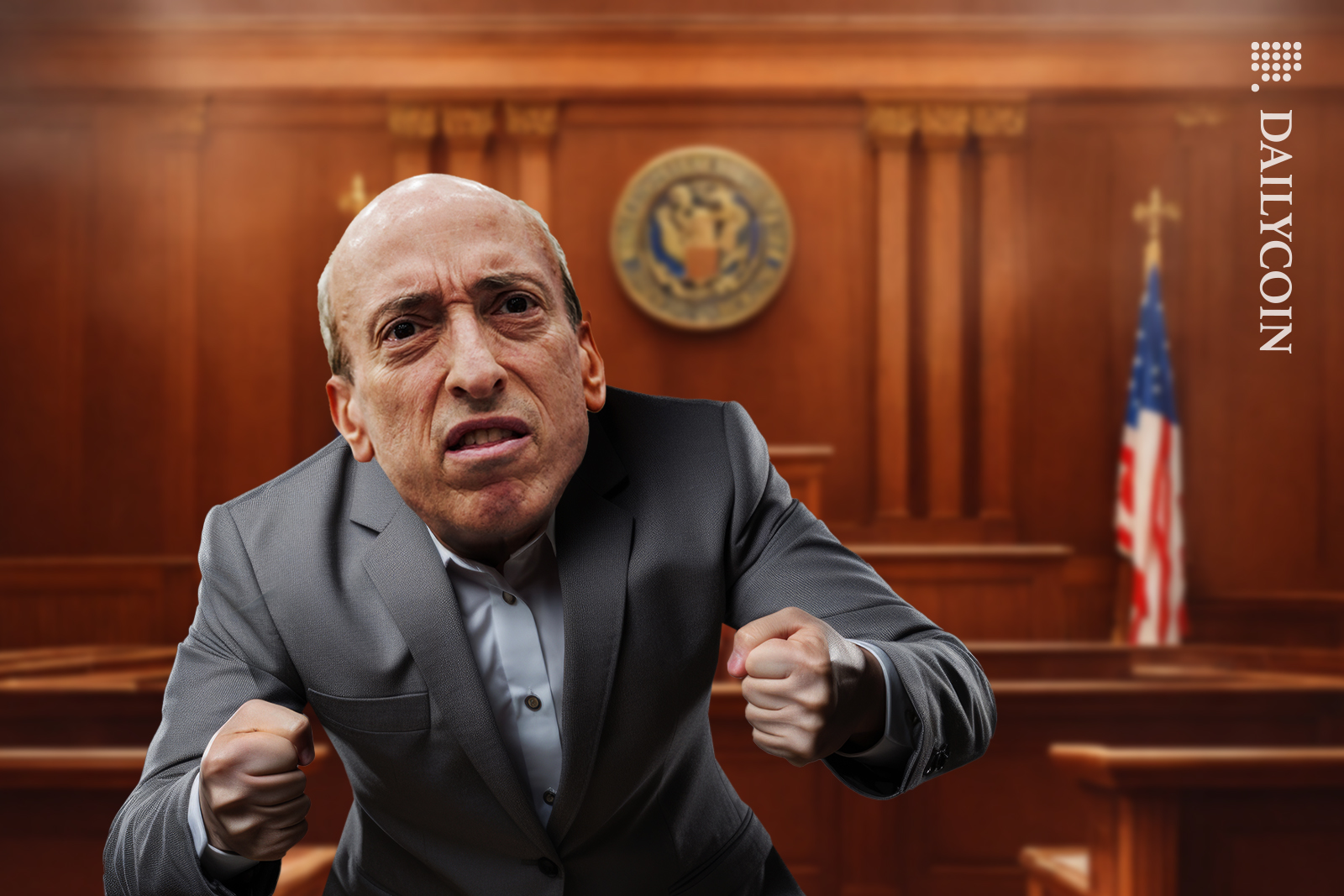 SEC's Gary Gensler in an empty court room getting angry.