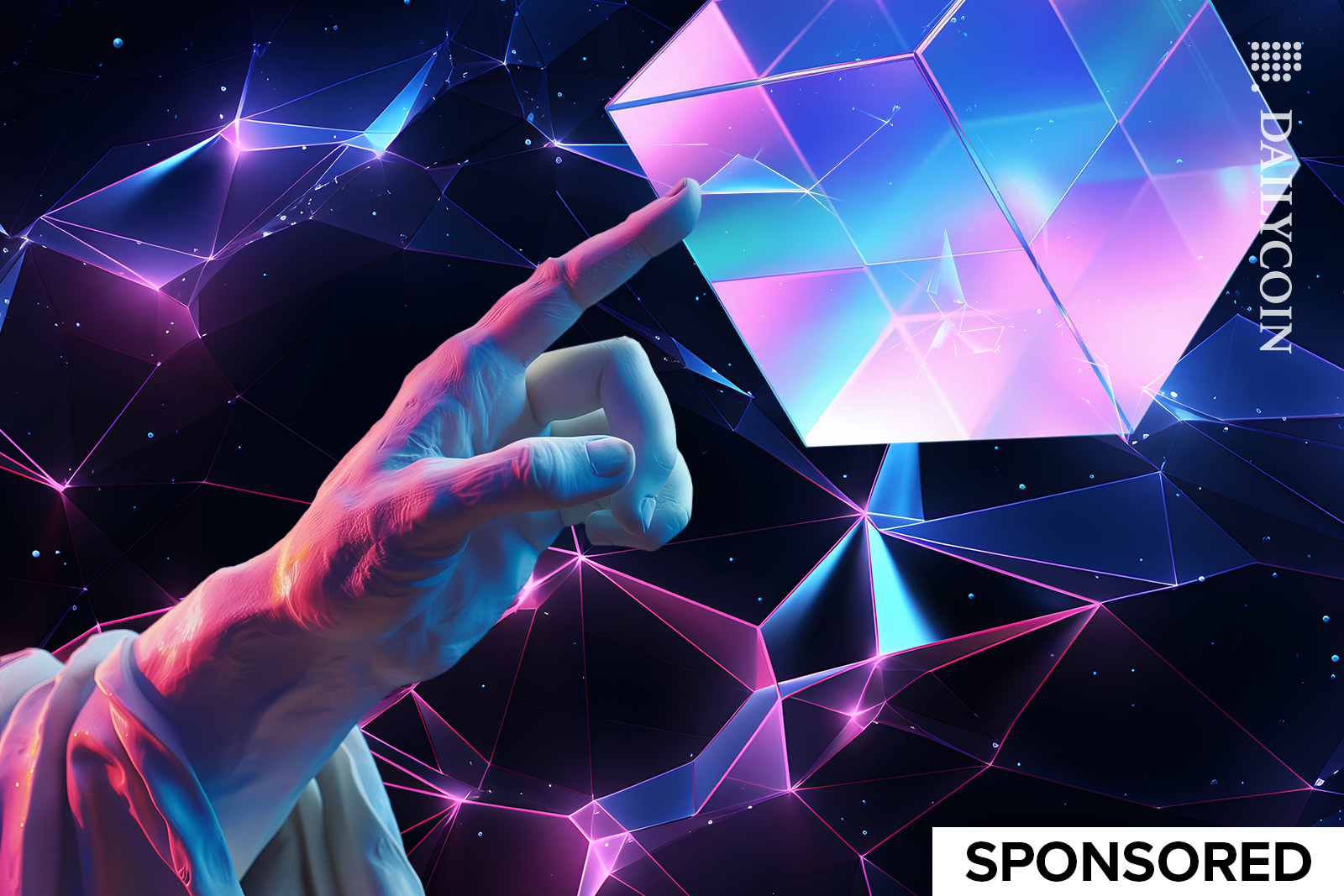 Hand touching a glass cube up into a digital sky.