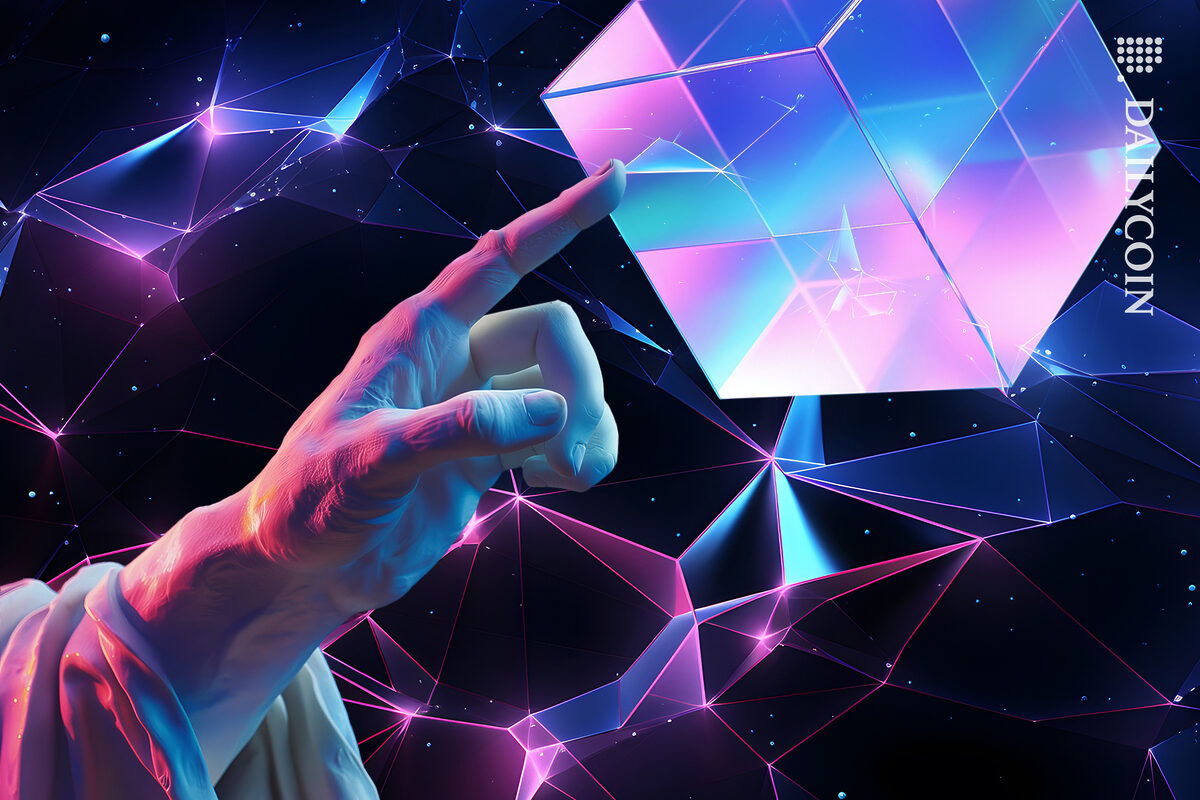 Hand touching a glass cube up into a digital sky.