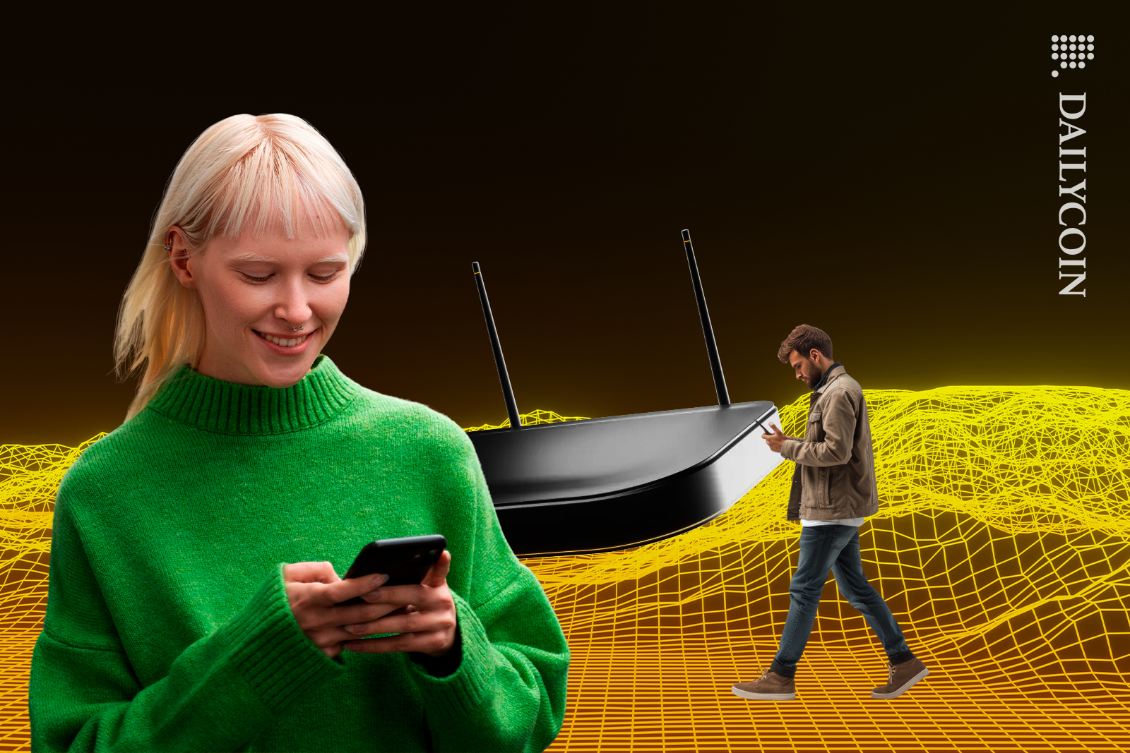 People walking on digital land using devices connected to a defi hotspot.